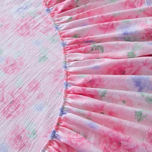 Bedding Fitted Sheet with Deep Pocket,Pink Floral Printed Fabric Bed Sheets(Pink Flower,Queen)