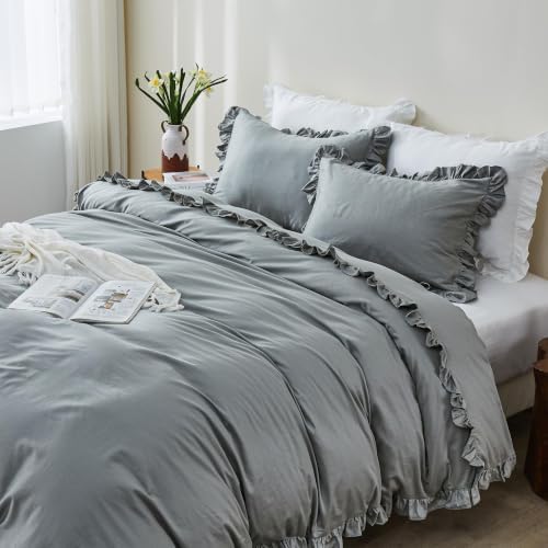 Simple&Opulence Kids 100% Organic Cotton Duvet Cover with Ruffle 78 x 86-3 PCS High End Floral Frill Lace Bedding, Romantic Cottagecore Style Comforter Cover with 2 Pillowcases, Gray Full
