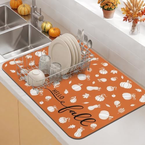Fall Dish Drying Mat Autumn Decor Kitchen Countertop ,Super Absorbent Coffee Bar Mat for Maker Espresso Machine, Anti-Slip Accessories for Pumpkin Kitchen Countertops 24x18 Inch