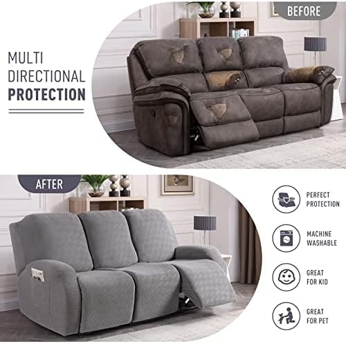 KinCam Recliner Covers, Stretch Reclining Chair Covers, Recliner Sofa Slipcovers Stripe Jacquard Recliner Couch Covers Furniture Protector Covers for Pet Kid (3 Seater, Light Gray)