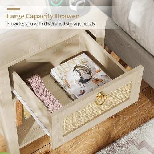 Eclatara Rattan Nightstand Set of 2: Sturdy Night Stand with Rattan Decor Drawer, Farmhouse Nightstand Bedside Table Boho End Tables Side Tables for Bedroom (Natural Light Oak,2 Pieces)