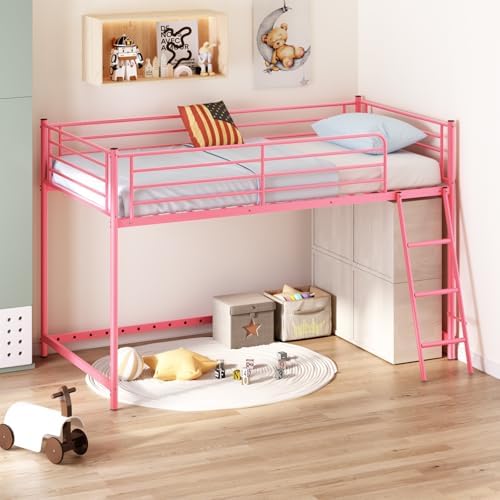 JOYMOR Low Loft Bed with Inclined Ladder, Metal Twin Size Bed Frame with 15” High Guardrail for Boys Girls, Junior, Space Saving, Mattress Not Included (Pink)