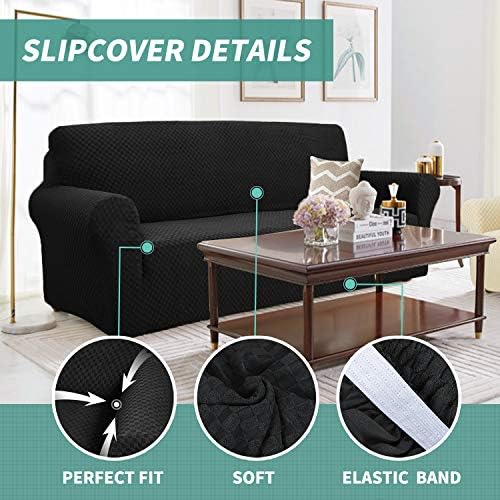 YEMYHOM Couch Cover Latest Jacquard Design High Stretch Sofa Covers for 3 Cushion Couch, Pet Dog Cat Proof Slipcover Non Slip Magic Elastic Furniture Protector (Sofa, Black)