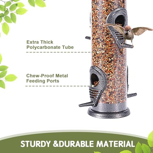 Metal Bird Feeder Tube Hanging Wild Bird Seed Feeder Aluminum Six Port Bird Feeders,1.4 mm Extra Thick Solid Tube Transparent with Steel Hanger Great for Attracting Birds (Grey 2PK)