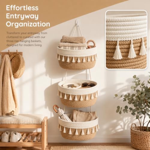 Over the Door Organizer, 3-Tier Cotton Rope Hanging Storage Basket