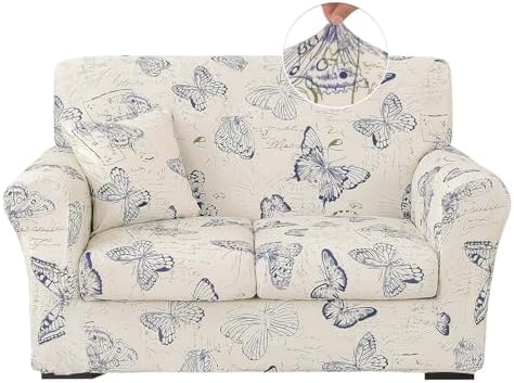 Stretch Printed Sofa Cover Couch Covers, 4-Piece Loveseat Slipcovers with 2 Separate Cushion Cover & 1 Pillow Case, Washable Spandex Furniture Protector for Living Room(Loveseat, Butterfly)