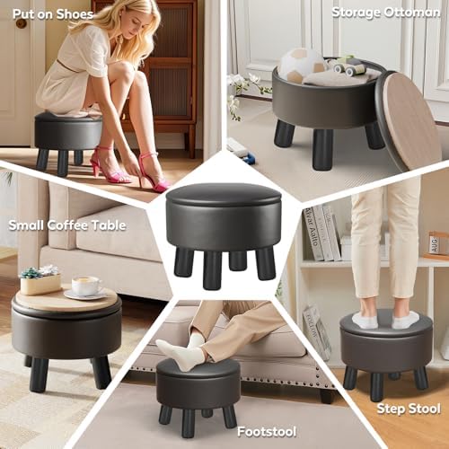 Small Foot Stool Ottoman with Storage, Faux Leather Ottoman Foot Rest for Couch, Round Footstool Ottomans for Living Room (Black)