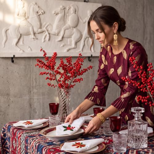 HunnmingRe 12 Pcs Classic Christmas Embroidered Cloth Napkins, 17x17 Inch