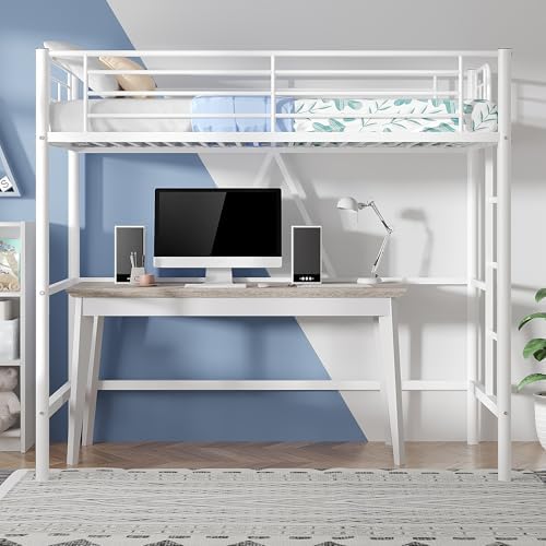 VECELO Loft Bed Twin Size, Metal Bedframe with Removable Ladder and Safety Guardrail, No Box Spring Needed, Space Saving, Noise Free, Off White