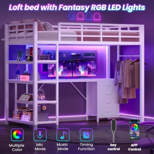 Loft Bed Twin Size with L Shape Desk,4 Drawers,3-Tier Storage Shelves Metal Loft Bed Frame with Power Outlet and LED Lighted,No Box Spring Needed,Space-Saving,Noise Free (White, Twin Size)