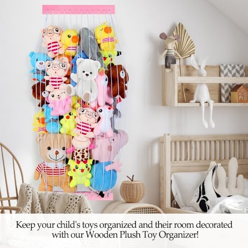 Stuffed Animal Storage Wooden Soft Toy Storage for Kids Room，Wall Mount Door Hanging Stuffed Animal Toy Organizer Shelf for Nursery Play Room Pink -Patent