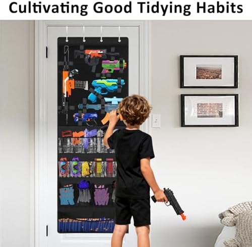 Over the Door Organizer for Toy Guns, Hanging Storage with Pockets and Adjustable Straps for Foam Blasters, Darts, Goggles & Accessories, Door Mount Organizer for Playrooms and Game Rooms