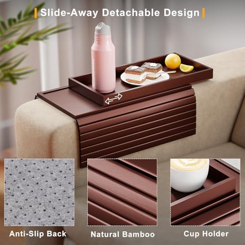 Bestjing 2 in 1 Bamboo Sofa Armrest Tray Table for Couch