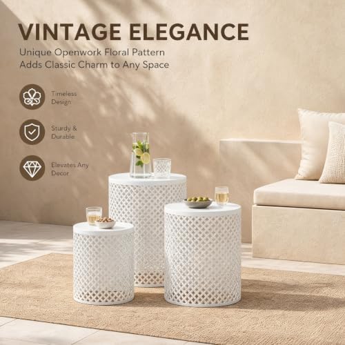 Set of 3 Outdoor Side Table, Garden Stool for Patio, Metal Accent Table Modern End Table, Patio Side Table for Garden, Balcony, Bedroom Indoor Outdoor Decorative, Cream White