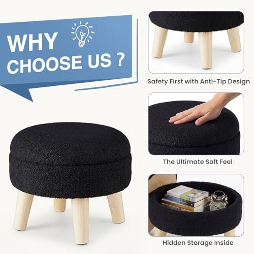 DUMOS Small Storage Ottoman Foot Stool, Round Foot Rest for Living Room