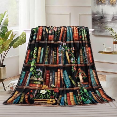 Bookshelf Throw Blanket Vintage Books Blanket for Book Lovers Reading Blankets for Readers Floral Fleece Throw Blanket Super Soft Warm Cozy Flannel Blankets for Couch Sofa Bed 60x80in