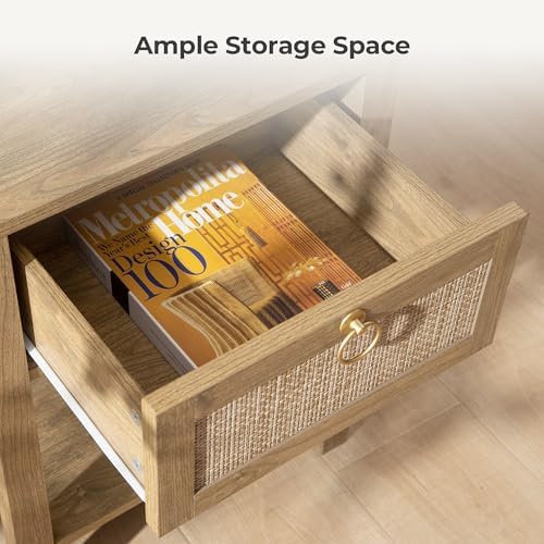 SICOTAS Rattan Nightstand with Storage Shelf, Boho Bedside Table End Table
