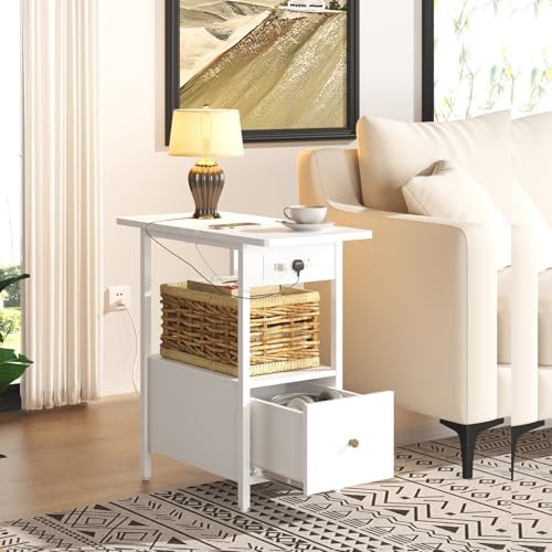 LIDYUK End Table with Charging Station, Narrow Side Table with Drawer