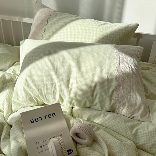 mixinni Green Gingham Duvet Cover Full Size - 3 Piece Cottagecore Plaid Bedding Set with Lace Trim, Soft Washed Microfiber Vintage Aesthetic Grid Comforter Cover & Pillow Shams, (Green White Gingham)