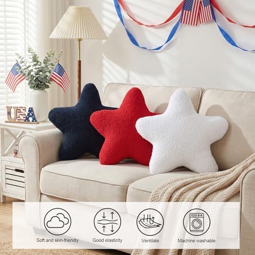Cumule 3 Pcs Patriotic Star Throw Pillows Red White Blue Stuffed Star Plush Pillows 4th of July Decor for Couch Bed Sofa Independence Day Memorial Day Home Decor