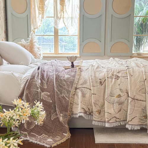 FALUCA Muslin Cotton Throw Blanket Boho Floral Jacquard with Fringe, 104 * 90 Magnolia Pattern, Reversible Soft Breathable Cover for Couch Sofa Bedroom Vintage Farmhouse Home Decorative, Beige&Brown