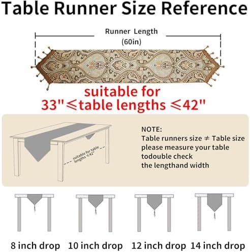 Luxury Vintage Design Table Runner 60 inches Long Embroidery Jacquard Fabric with Multi-Tassels Table Runners for Dining Room Dresser Wedding Holiday Party Fireplace Decorations (Coffee, 12X60inch)