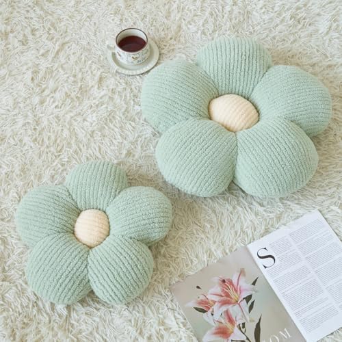 Flower Pillow, Decorative Throw Pillow for Couch, Cute Decor Pillows for Bed, Aesthetic Flower Shaped Pillow Fun Cushion (Green, 14.9 Inches)