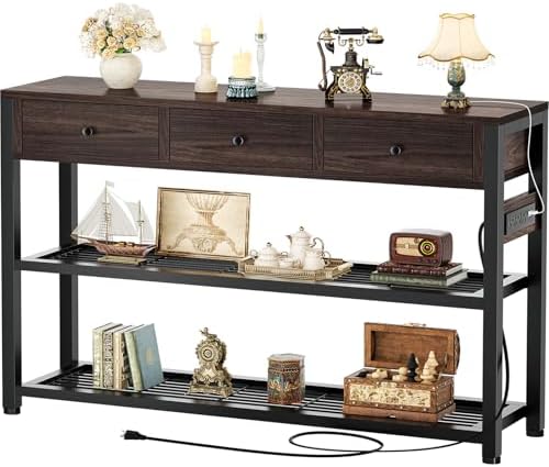 Ecoprsio 47'' Entryway Table with Outlets and USB Ports, Console Table with 3 Drawers, Sofa Table Narrow Long with Storage Shelves for Living Room, Couch, Hallway, Foyer, Black Walnut Finish