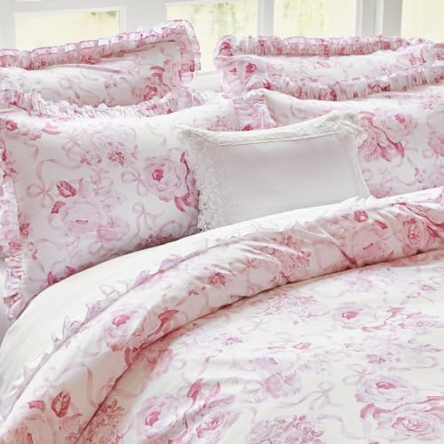 Brandream Double Ruffled Duvet Cover Set Queen, 100% Organic Cotton Pink Rose Floral Bedding, Romantic Grandmillennial Cottagecore Bedroom Decor for Women, 3 Piece