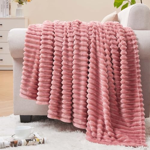 BEDELITE 3D Ribbed Jacquard Pink Fleece Twin Blanket for Couch, 60x80 Inch