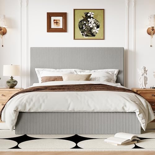 Allewie Full Bed Frame, Adjustable Corduroy Headboard, Platform, Grey