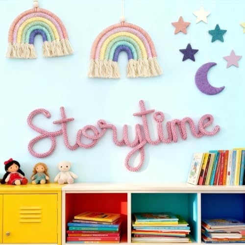 Handmade Storytime Wall Sign-Knitted Wire Storytime Sign Reading Corner Sign Decor story time wall sign wire Letters Book Corner Decor for Kids Room Nursery & Playroom (Pink Story)