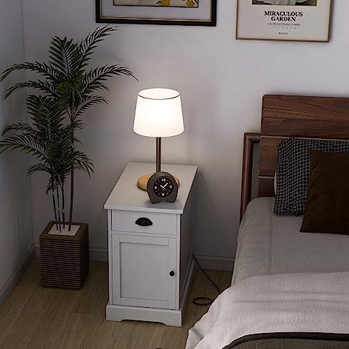 GIANTEX Nightstand with Charging Station Set of 2, Flip Top End Table w/USB Ports & Outlets, Side Table w/Storage Drawer, Magazine Rack, Adjustable Shelf, Narrow Bedside Tables for Small Space, White