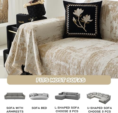 MEETSKY Boho Couch Cover for 2 Cushion Couch Sofa, Chenille Sofa Cover for Sectional Sofa, Modern Khaki Abstract Jacquard Sofa Covers Washable Sofa Slipcover for Pets Friendly, 91" X118", Khaki
