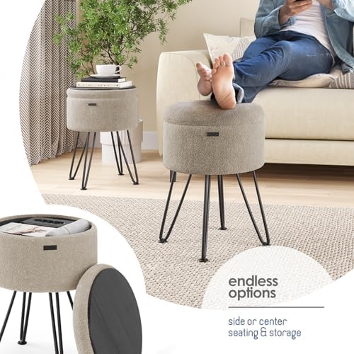 Round Ottoman with Storage, Boucle Storage Ottoman, Foot Stool Ottomans, Makeup Vanity Stool, Small Ottomans Foot Rest, Modern Vanity Stools for Living Room and Bedroom, Beige