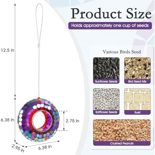 6 Inch Mosaic Glass Fly Through Bird Feeder for Outdoors, Purple