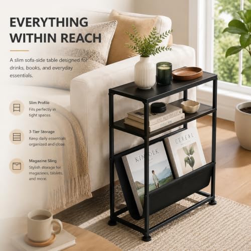 Narrow End Table for Small Spaces - Slim Side Table with Magazine Holder,2 in 1 Design Narrow Coffee Table Living Room,Skinny Bedroom Nightstand Thin Side Magazine Table,Black