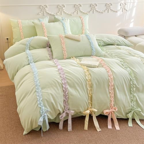 Colorful Striped Ruffled Bedding with Cute Bow,Chic Ruffle Romantic Full Duvet, Coquette Aesthetic Style 3 piece Duvet Cover Set-1 Full Duvet Cover with 2 Pillowcases, No Comforter