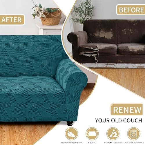 JIVINER 1 Piece Couch Cover for 2 Cushion Couch, High Stretch Loveseat Covers with Elastic Bottom, Washable Sofa Slipcovers for Dog, Pets Feature Geometrical Jacquard Fabric (Loveseat, Peacock Blue)