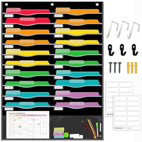 22 Pockets Hanging Wall File Organizer for Legal/ Letter Size Paper, Over the Door Organizer, 31¾" x 45½" Pocket Chart for Classroom, Office, Warehouse, Home Use with 24 Name Tags & 6 Hooks