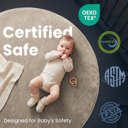 Baby Play Mat for Floor,1.3" Thick Elasti-Foam 79in Round Mat for Tummy Time,Non-Toxic Certified Water Repellent Soft Coral Velvet for Toddler,Infant,Kids,Non-Slip Backing Safe for Crawling(Beige)