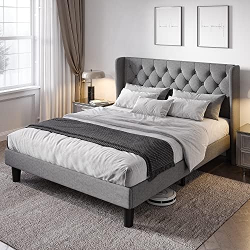 Allewie Queen Bed Frame with Button Tufted Wingback Headboard, Light Grey
