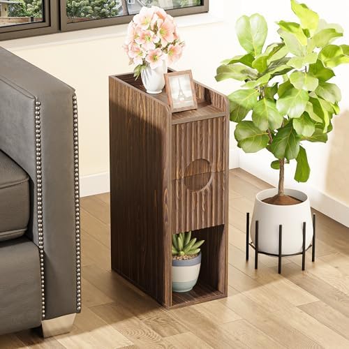Narrow Nightstand Set of 2, Wood 2 Drawer Narrow Nightstand, Skinny Night Stand with Open Storage, Mid Century Modern Slim Bedside Table for Bedroom, Walnut