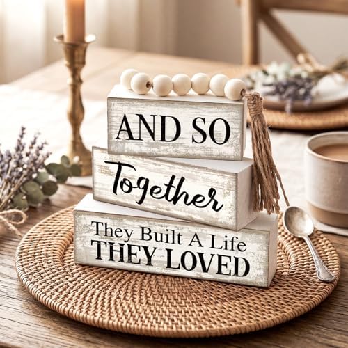 Yuntau 4 Pcs Farmhouse Table Centerpiece Wood Block Signs Tiered Tray Decor