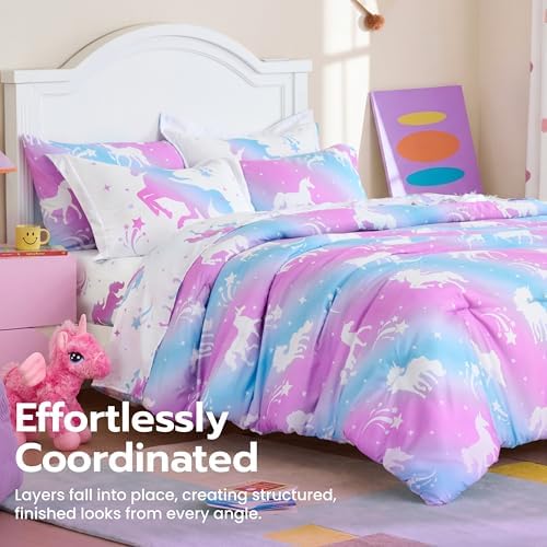 Joiedomi Kids Comforter Set Bedding Set for Boys Girls Super Soft Microfiber Bed in a Bag with Comforter Sheets Pillowcase Sham, Purple Unicorn, Full