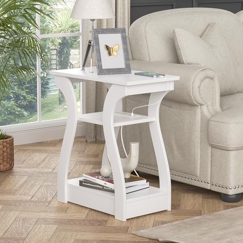 FROMJBEST End Tables Living Room, White End Table with Charging Station