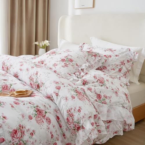 3 Pieces Ruffle Duvet Cover Set Twin(68"x86"), Red Rose Flower