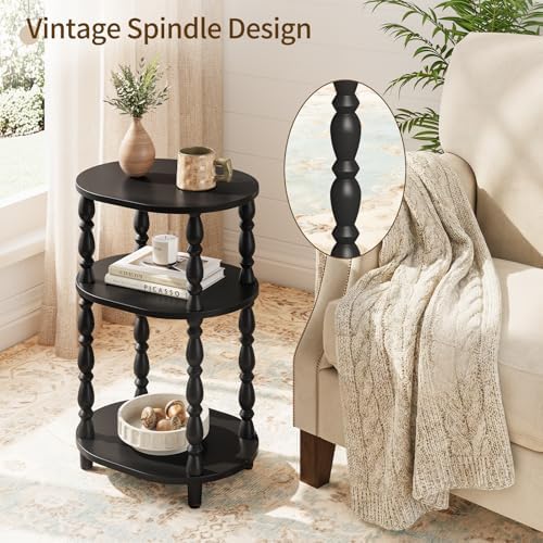 Yoobure 3-Tier Small Side Table - Oval End Table with Vintage Spindle Legs, Accent Night Stand with Storage Shelf for Narrow Spaces, Wood Nightstand Bedside Table for Living Room, Bedroom, Black