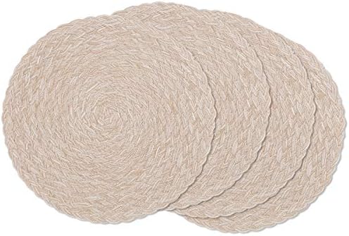 SHACOS Round Braided Placemats 15 inch Set of 4 Boho Woven Washable Kitchen Table Placemats for Home Wedding Party (T-Beige, 4)