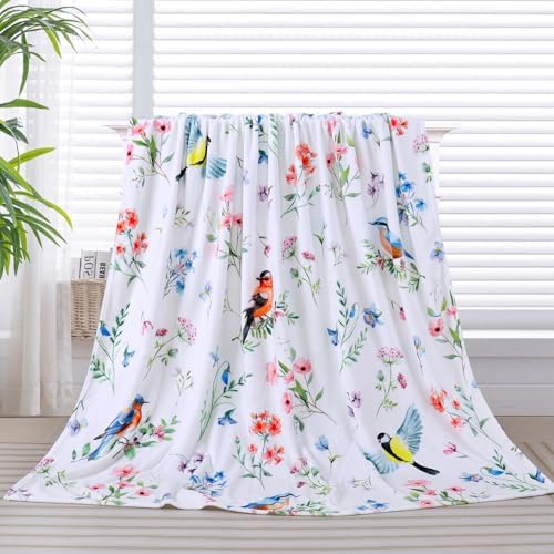 Floral Bird Blanket Ultra Soft Watercolor Flowers Throw Blankets Wildflower Flannel Fleece Throw Botanical Warm Cozy Fuzzy Plus Gifts Cabin Blanket for Bed Sofa, 50" X 60"